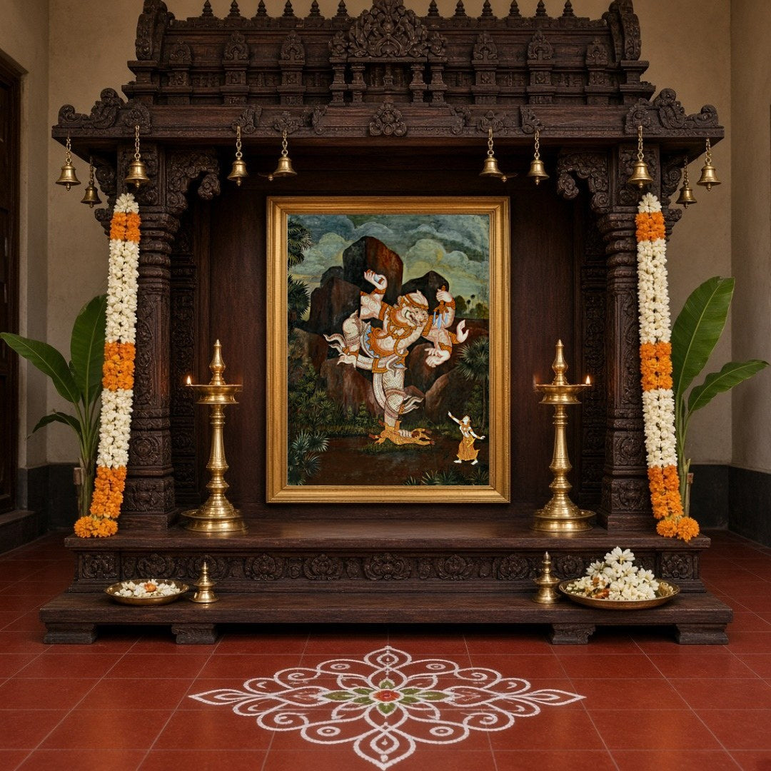 Immerse yourself in the divine storytelling of this breathtaking Hanuman piece, embodying the for Home Temple