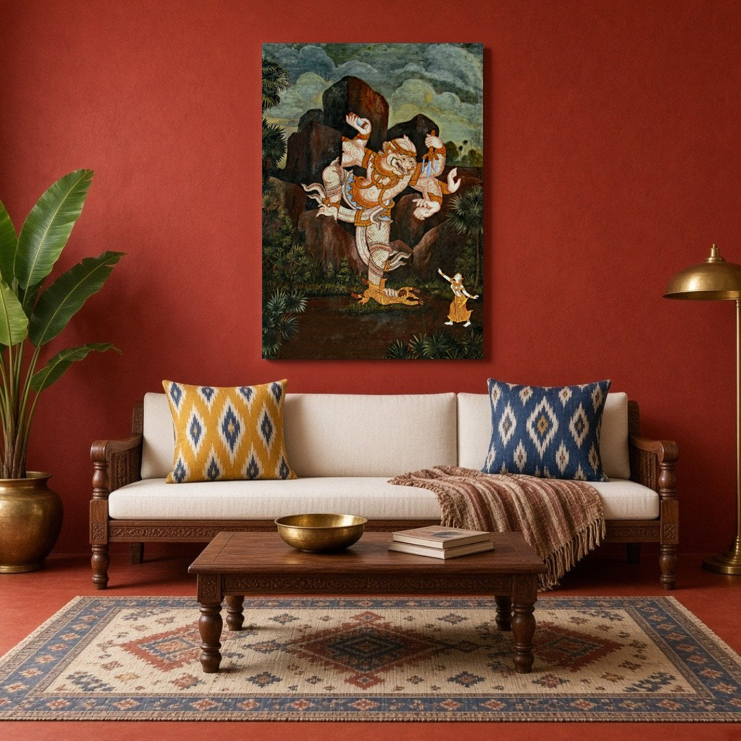 Immerse yourself in the divine storytelling of this breathtaking Hanuman piece, embodying the for Living Room