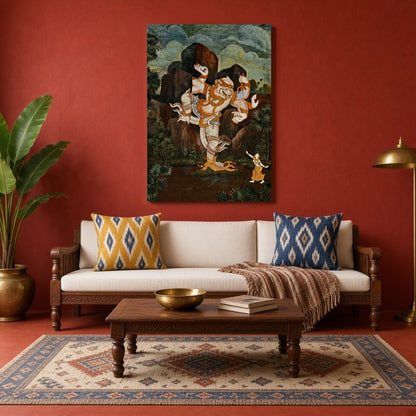 Immerse yourself in the divine storytelling of this breathtaking Hanuman piece, embodying the for Living Room