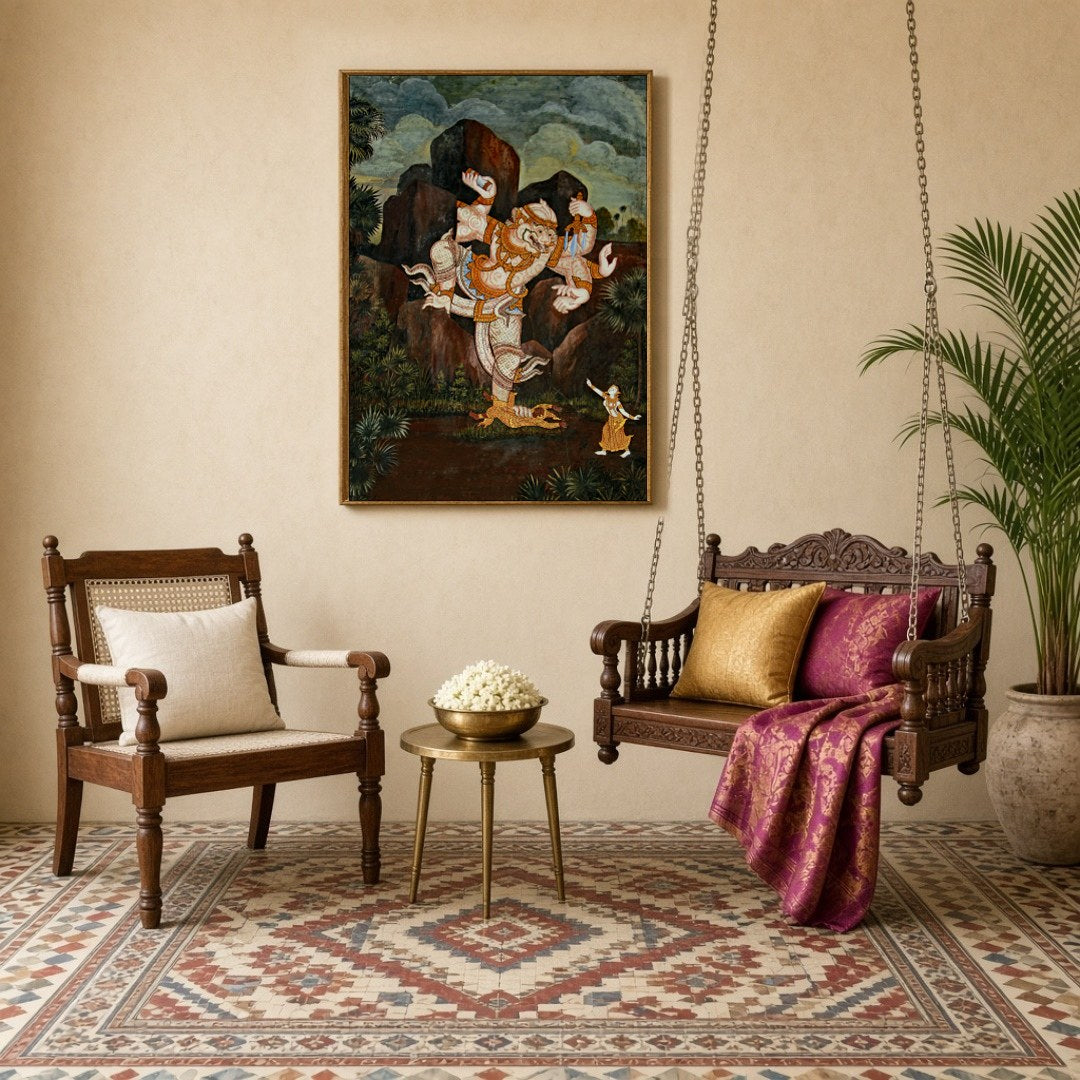 Immerse yourself in the divine storytelling of this breathtaking Hanuman piece, embodying the for Sitting Lounge
