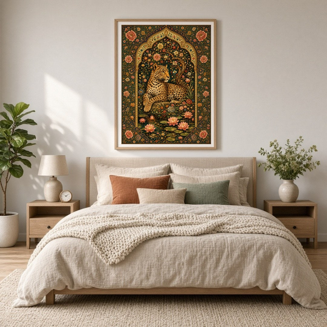 Discover the serene beauty of a majestic leopard resting amidst blooming lotuses, framed by an for Bedroom