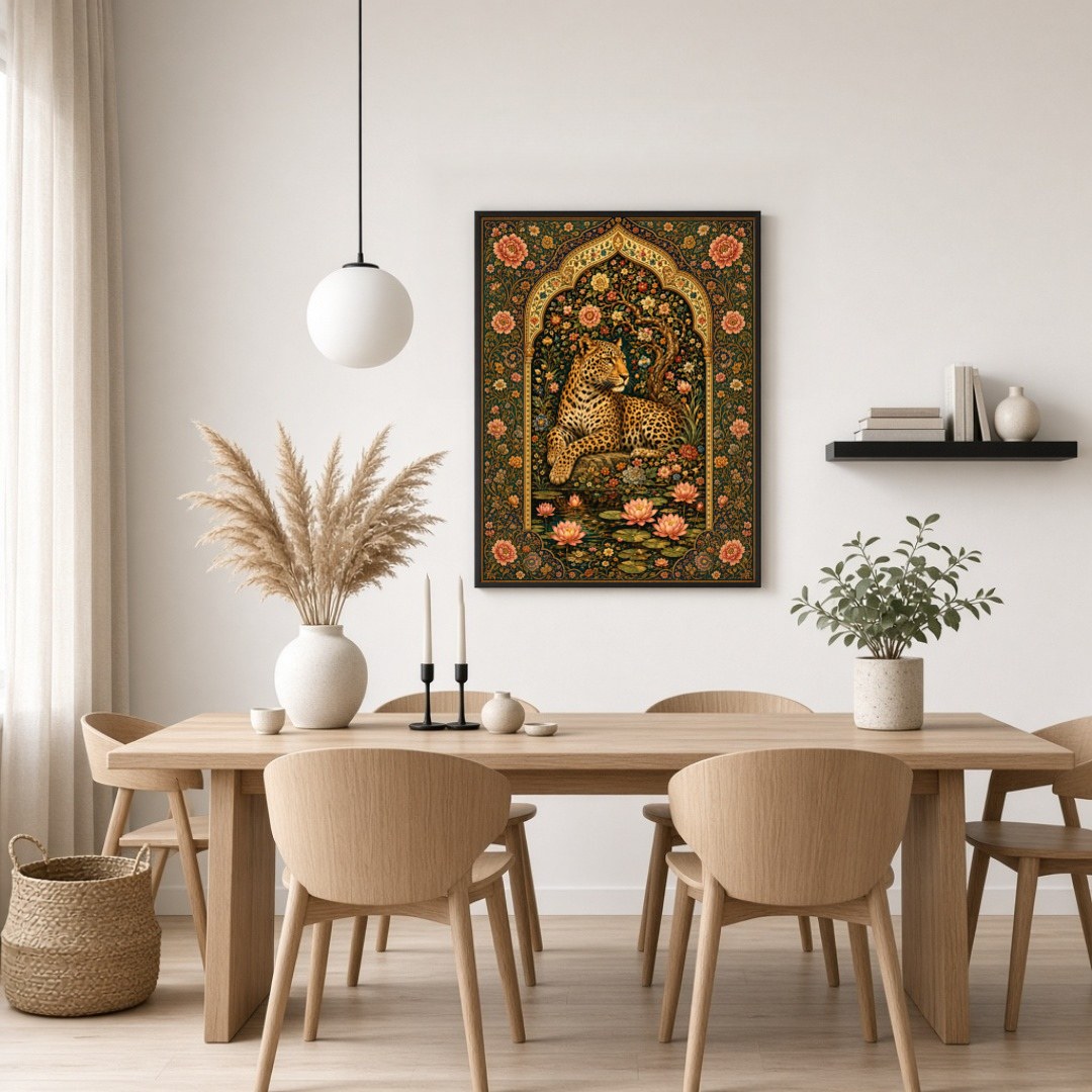 Discover the serene beauty of a majestic leopard resting amidst blooming lotuses, framed by an for Dining