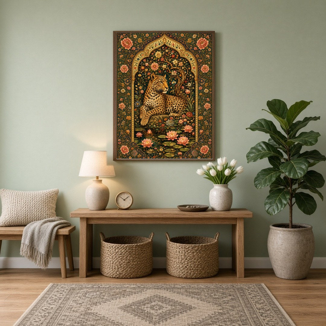 Discover the serene beauty of a majestic leopard resting amidst blooming lotuses, framed by an for Entrance