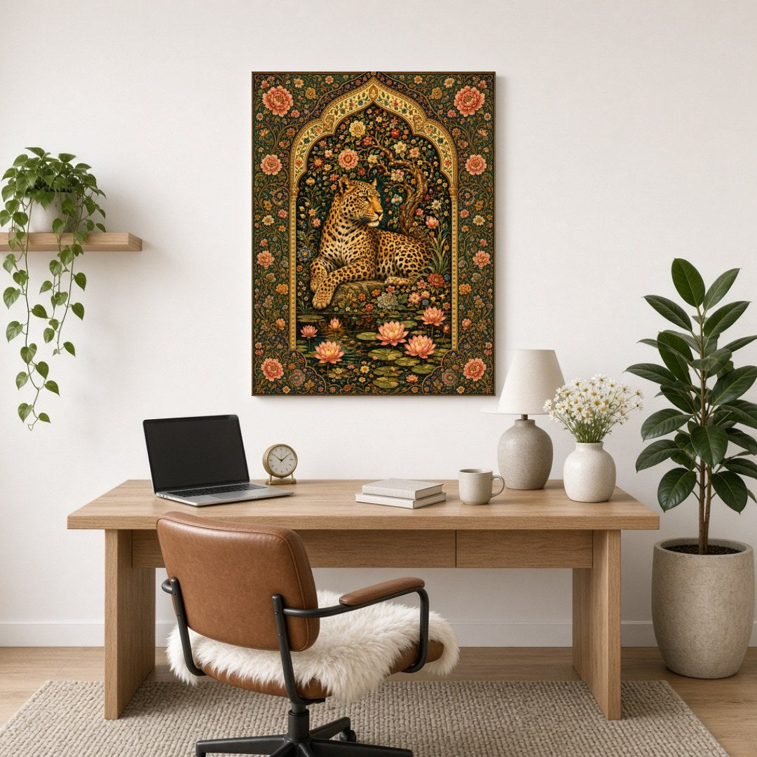 Discover the serene beauty of a majestic leopard resting amidst blooming lotuses, framed by an for Home Office