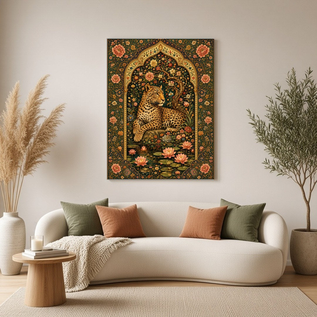 Discover the serene beauty of a majestic leopard resting amidst blooming lotuses, framed by an for Living Room