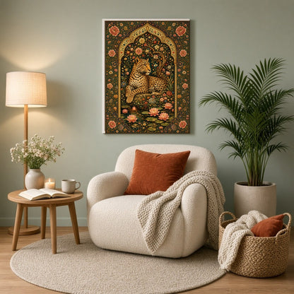 Discover the serene beauty of a majestic leopard resting amidst blooming lotuses, framed by an for Reading Nook