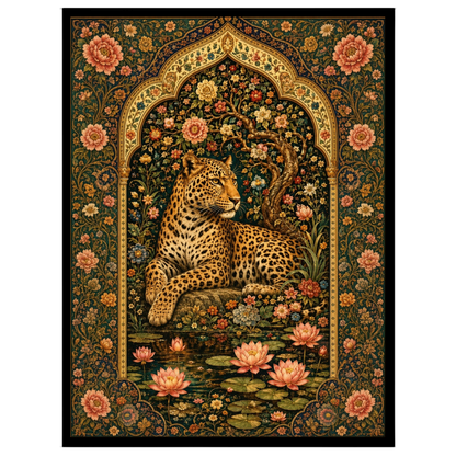 Discover the serene beauty of a majestic leopard resting amidst blooming lotuses, framed by an for space