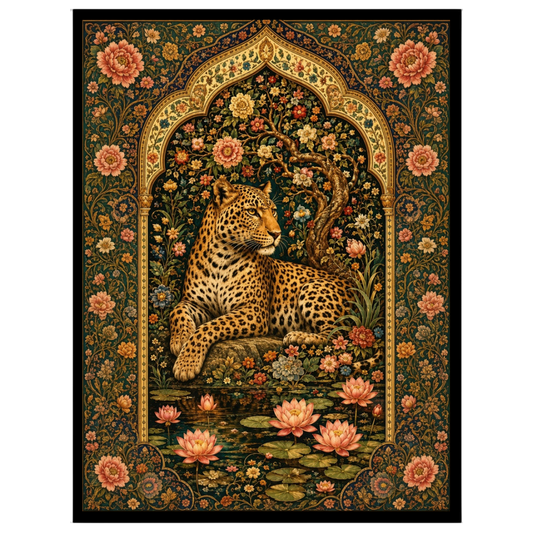 Discover the serene beauty of a majestic leopard resting amidst blooming lotuses, framed by an for space