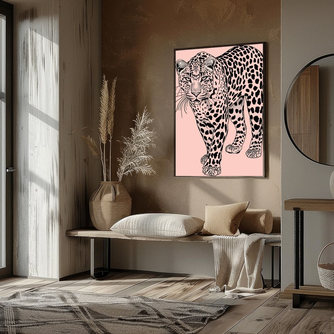 Immerse yourself in the untamed elegance of the 'Majestic Leopard on Blush Canvas.' This for abode