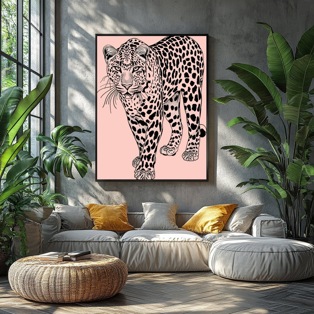 Immerse yourself in the untamed elegance of the 'Majestic Leopard on Blush Canvas.' This for Balcony