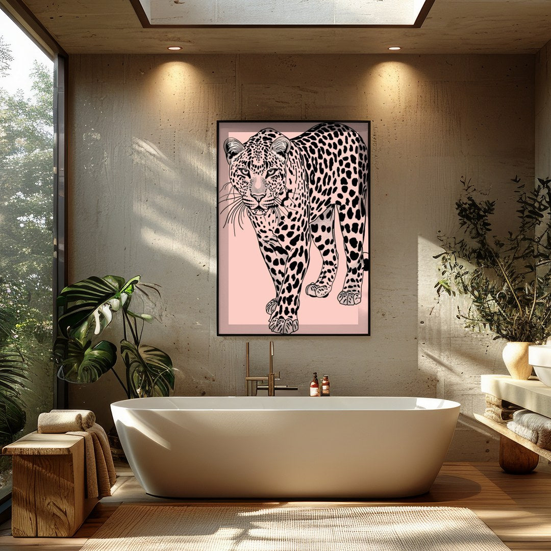 Immerse yourself in the untamed elegance of the 'Majestic Leopard on Blush Canvas.' This for Bathroom