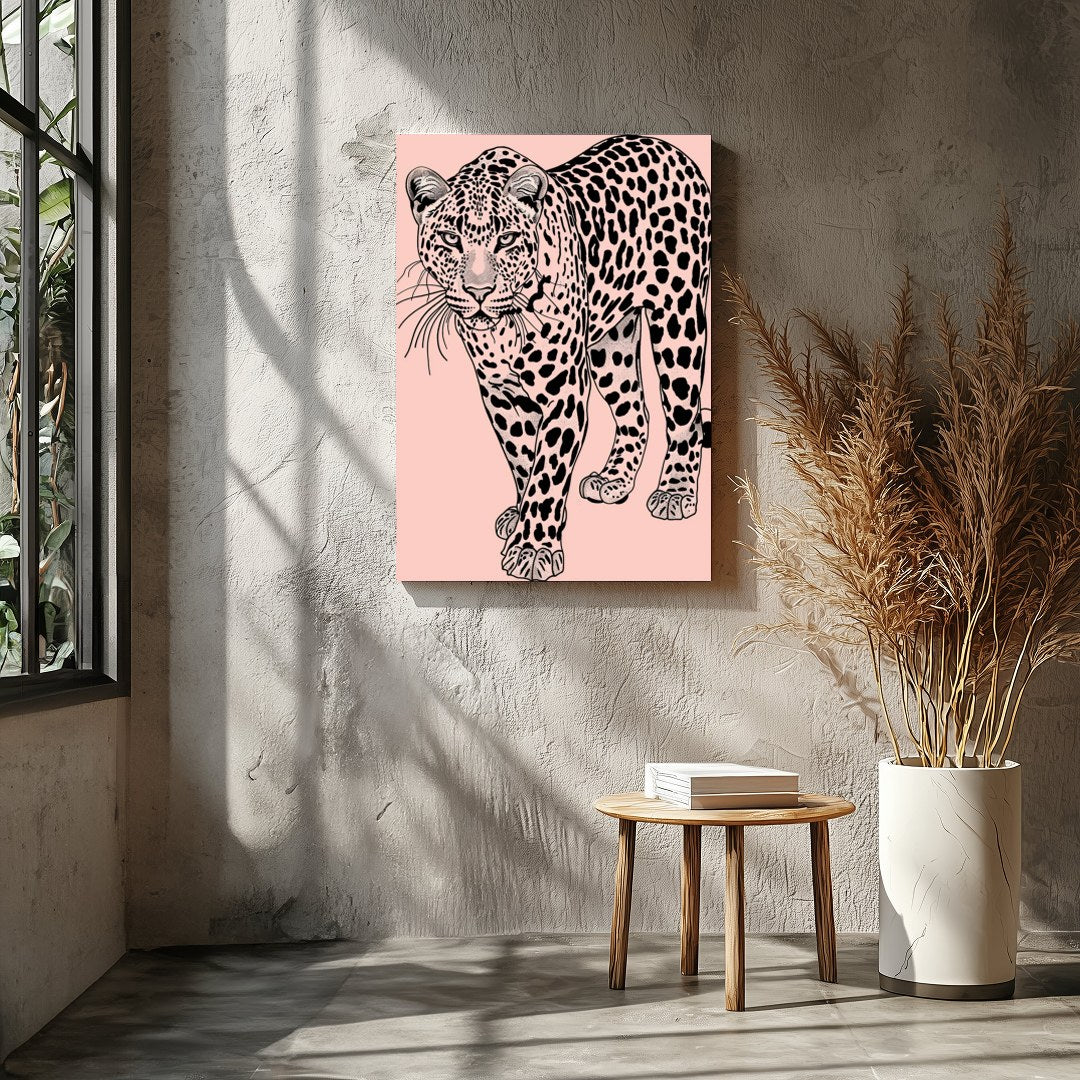 Immerse yourself in the untamed elegance of the 'Majestic Leopard on Blush Canvas.' This for Entrance