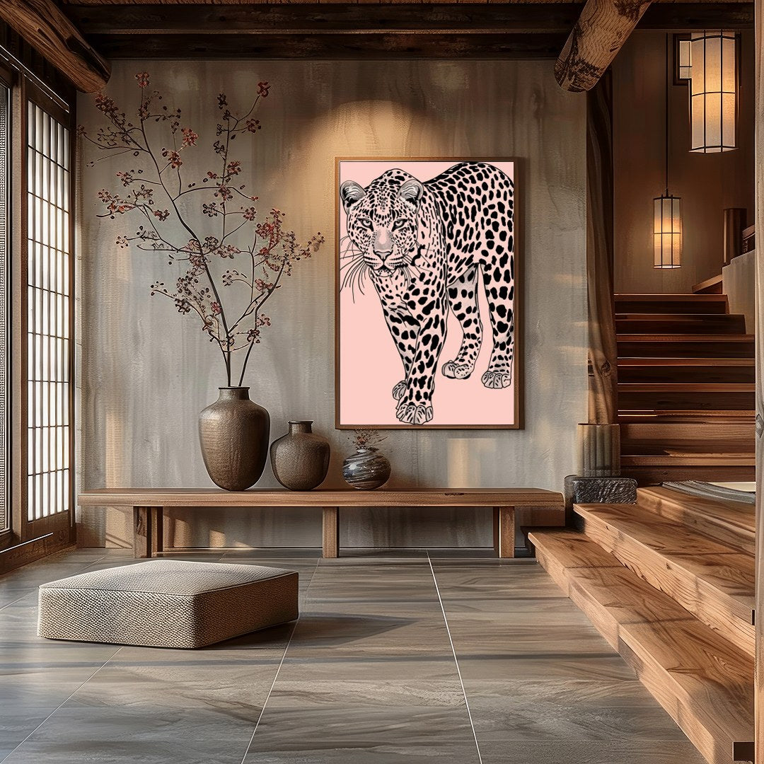 Immerse yourself in the untamed elegance of the 'Majestic Leopard on Blush Canvas.' This for Hall