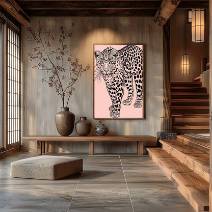 Immerse yourself in the untamed elegance of the 'Majestic Leopard on Blush Canvas.' This for Hall