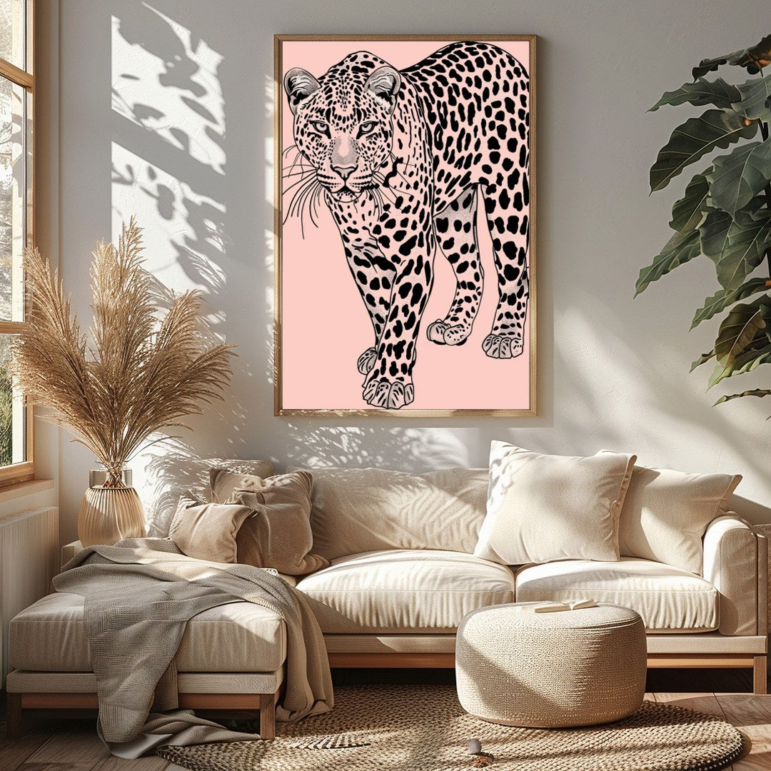 Immerse yourself in the untamed elegance of the 'Majestic Leopard on Blush Canvas.' This for Sitting Area