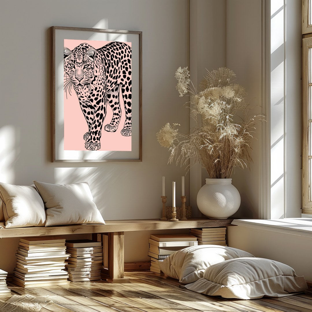 Immerse yourself in the untamed elegance of the 'Majestic Leopard on Blush Canvas.' This for space