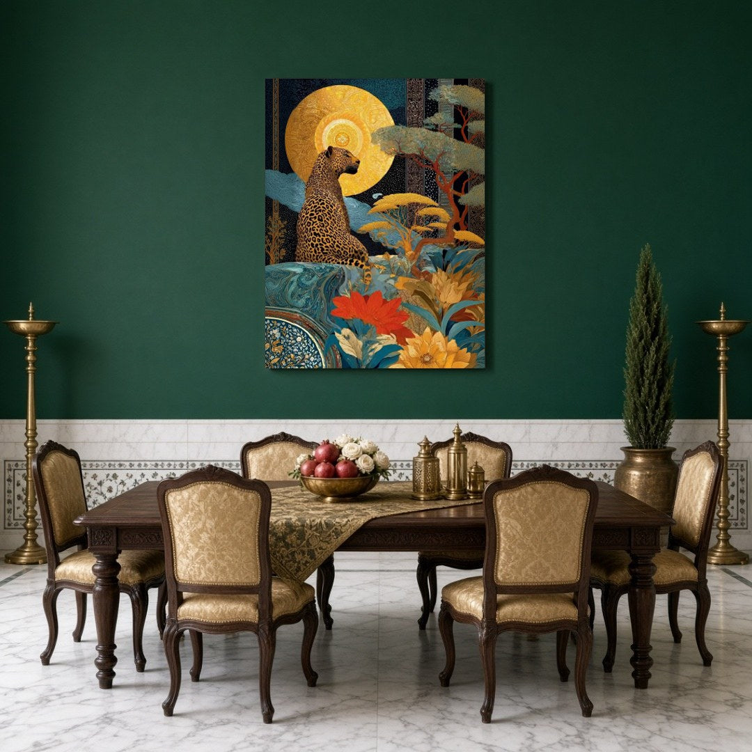 This captivating art piece showcases a regal leopard poised beneath a radiant golden sun, set amid for Dining