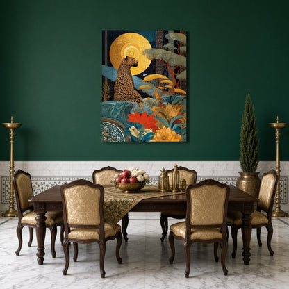 This captivating art piece showcases a regal leopard poised beneath a radiant golden sun, set amid for Dining