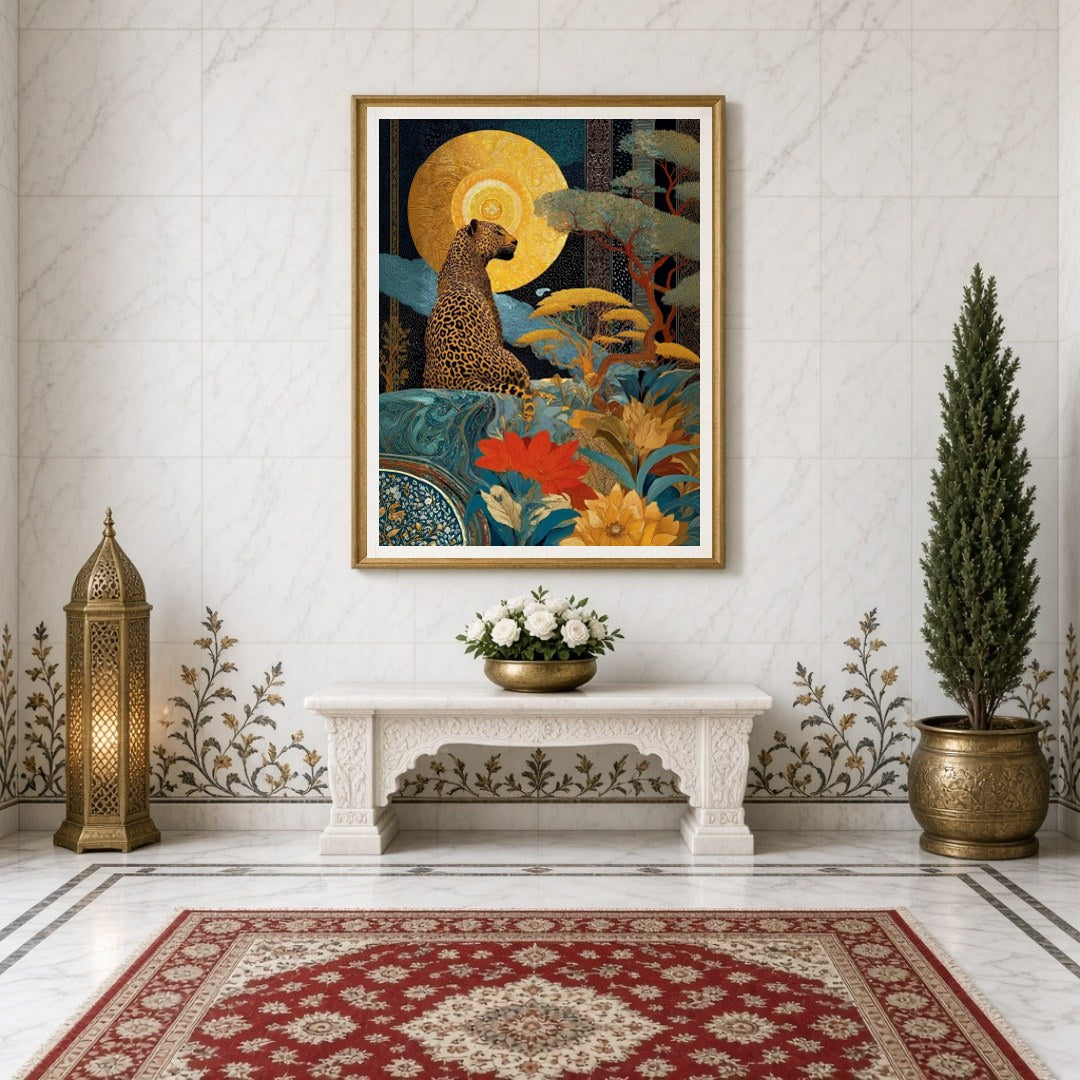 This captivating art piece showcases a regal leopard poised beneath a radiant golden sun, set amid for Entrance