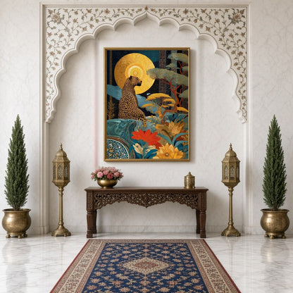 This captivating art piece showcases a regal leopard poised beneath a radiant golden sun, set amid for Hallway