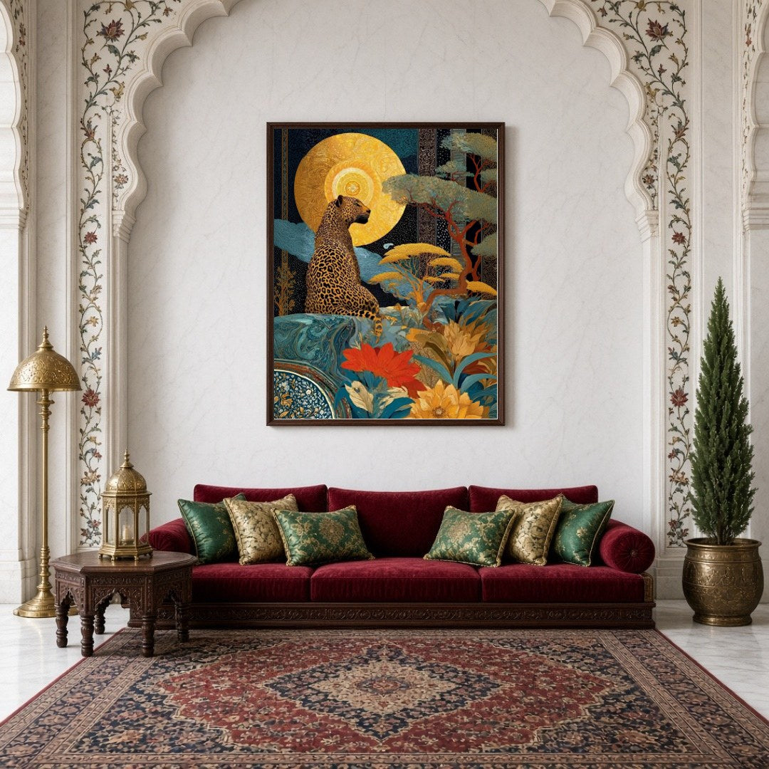 This captivating art piece showcases a regal leopard poised beneath a radiant golden sun, set amid for Living Room