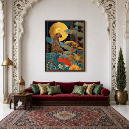 This captivating art piece showcases a regal leopard poised beneath a radiant golden sun, set amid for Living Room