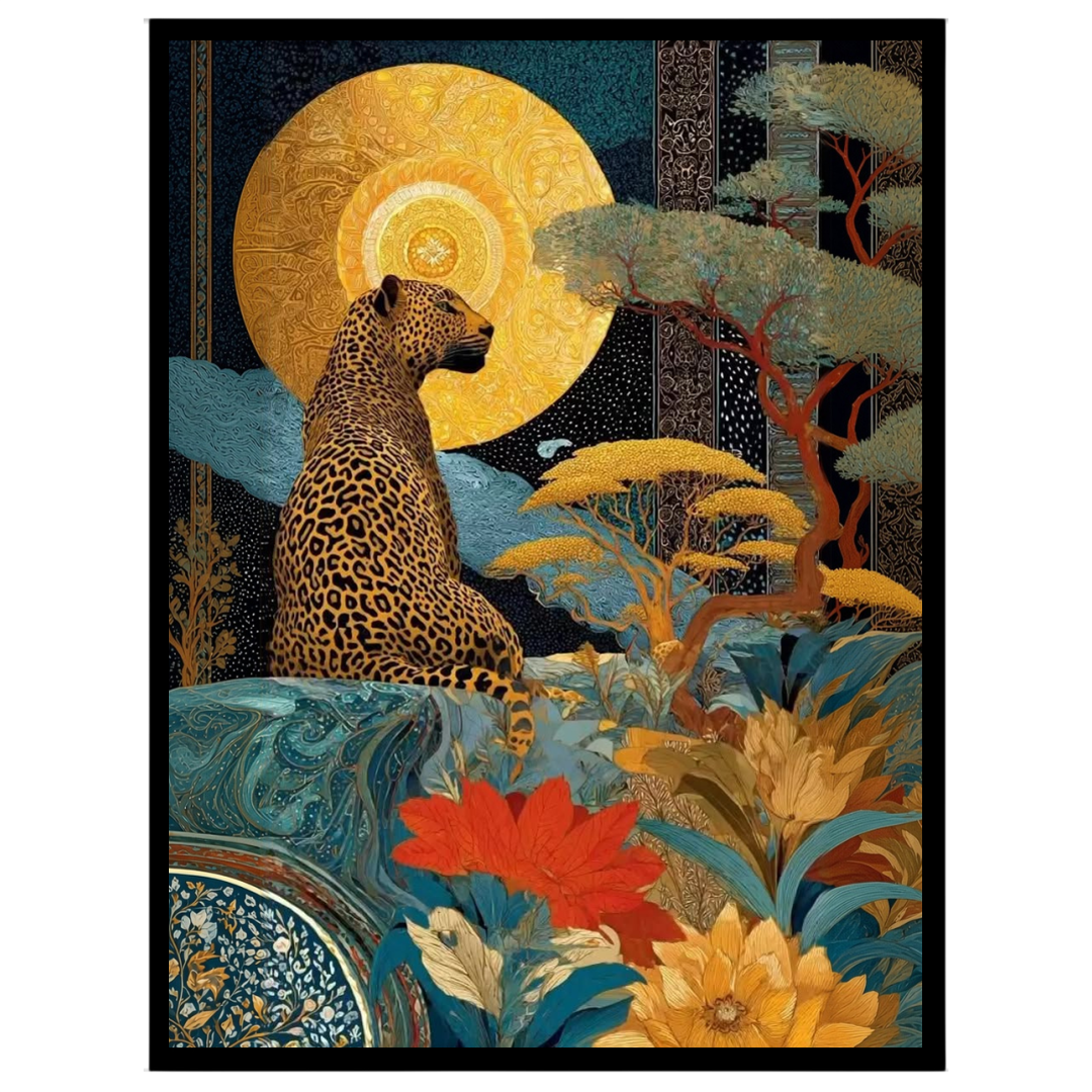 This captivating art piece showcases a regal leopard poised beneath a radiant golden sun, set amid for retreat