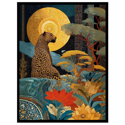 This captivating art piece showcases a regal leopard poised beneath a radiant golden sun, set amid for retreat