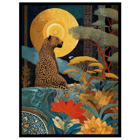 This captivating art piece showcases a regal leopard poised beneath a radiant golden sun, set amid for retreat