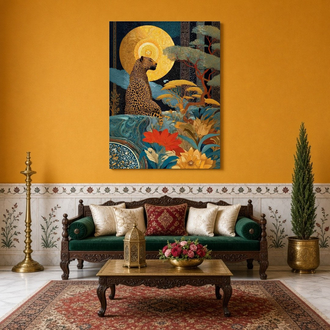 This captivating art piece showcases a regal leopard poised beneath a radiant golden sun, set amid for Sitting Area
