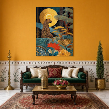 This captivating art piece showcases a regal leopard poised beneath a radiant golden sun, set amid for Sitting Area