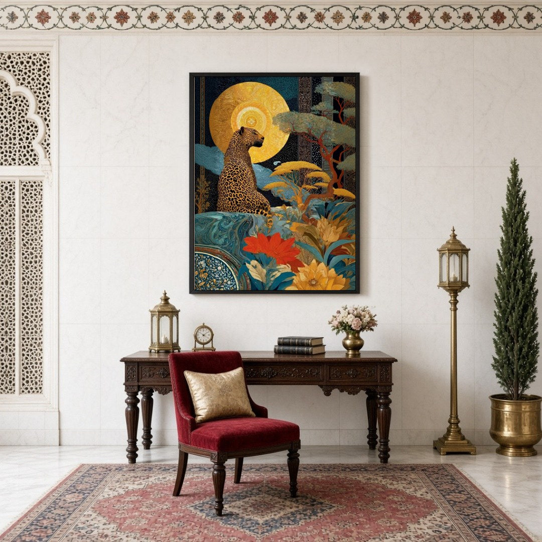 This captivating art piece showcases a regal leopard poised beneath a radiant golden sun, set amid for Study
