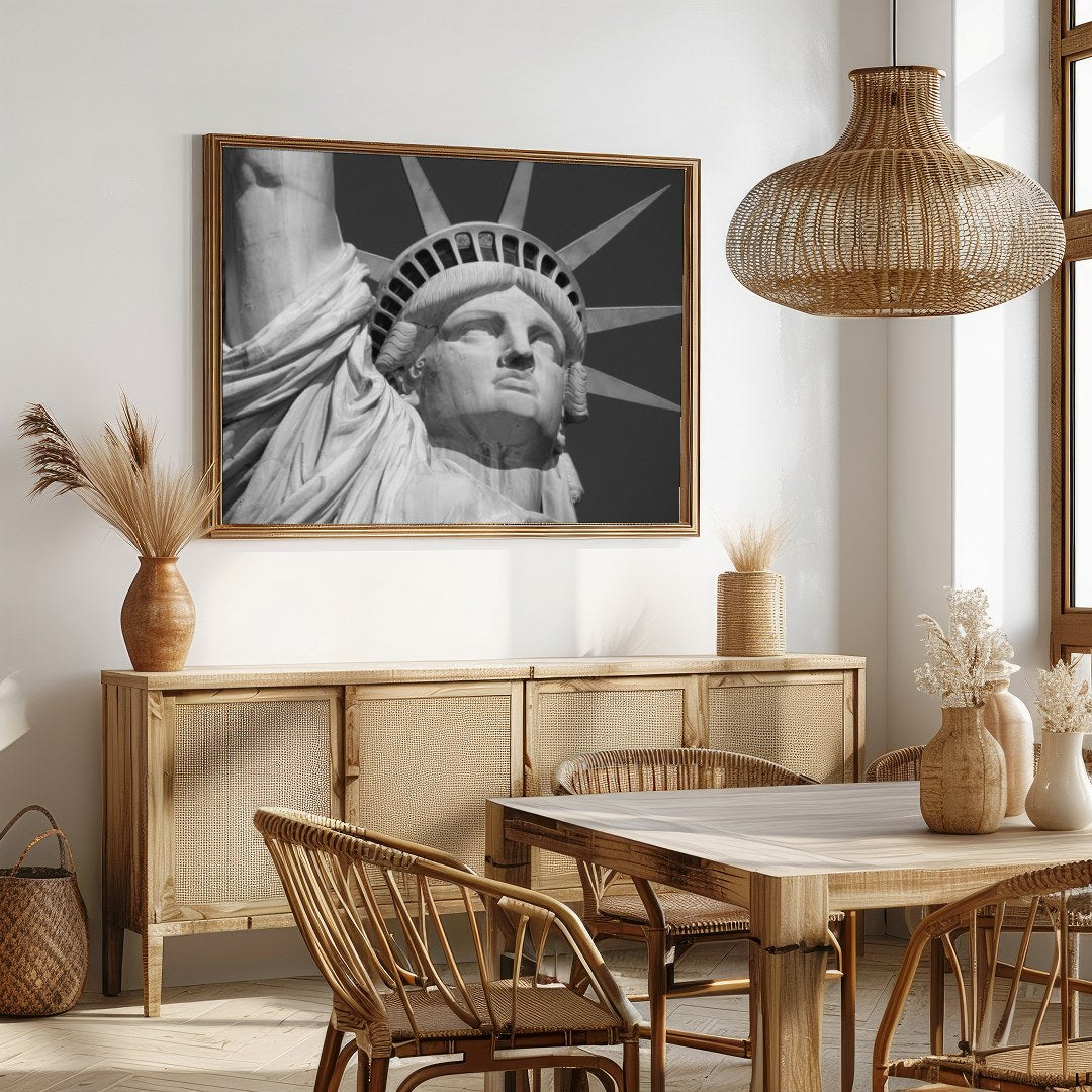 Capture the timeless elegance of the iconic Statue of Liberty with this striking monochrome piece. for Dining
