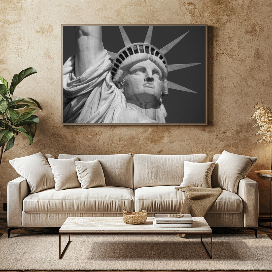 Capture the timeless elegance of the iconic Statue of Liberty with this striking monochrome piece. for Family Room