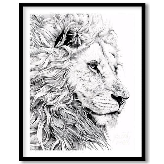 This highly detailed black and white illustration presents a powerful lion in profile, with a parti… for place