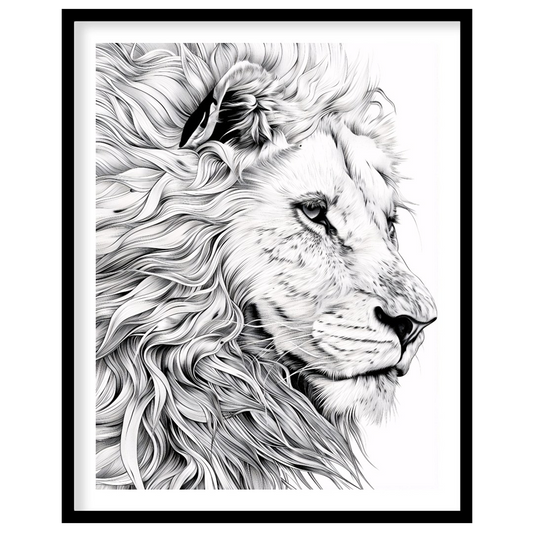 This highly detailed black and white illustration presents a powerful lion in profile, with a parti… for place