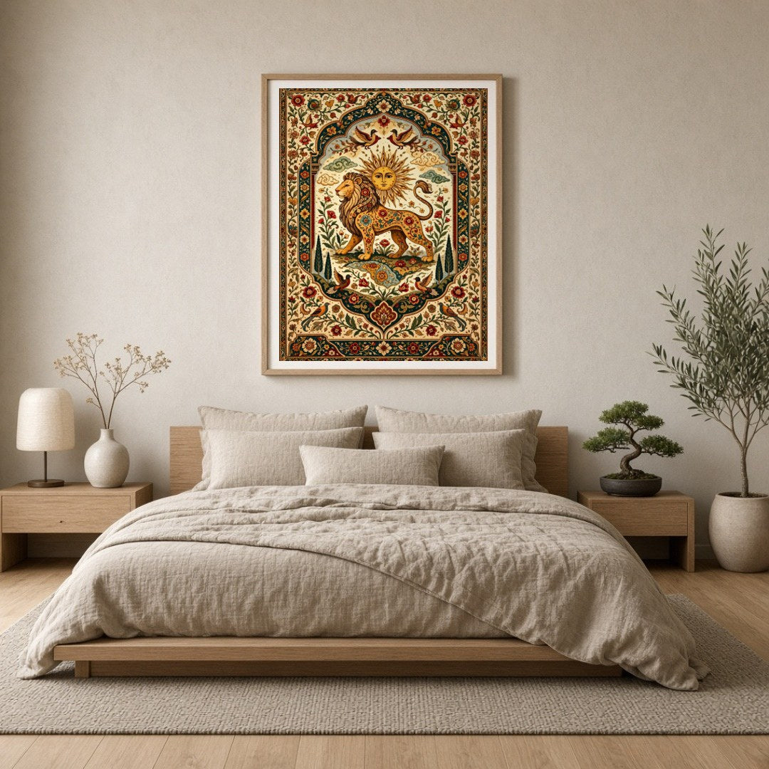 Discover majesty and vibrancy with this exquisite artwork depicting a regal lion under a radiant for Bedroom