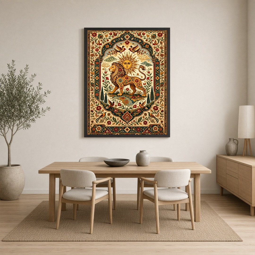 Discover majesty and vibrancy with this exquisite artwork depicting a regal lion under a radiant for Dining