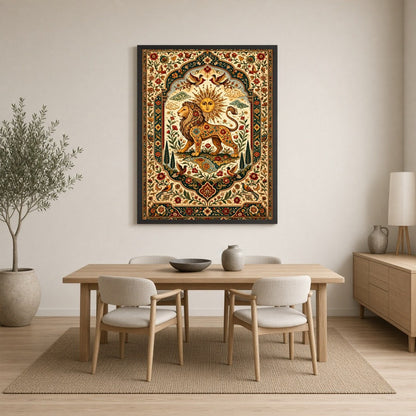Discover majesty and vibrancy with this exquisite artwork depicting a regal lion under a radiant for Dining