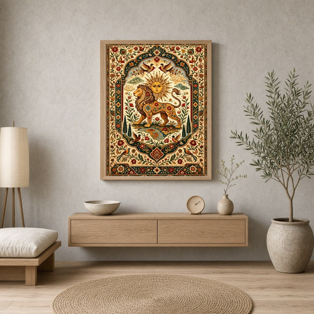 Discover majesty and vibrancy with this exquisite artwork depicting a regal lion under a radiant for Entrance