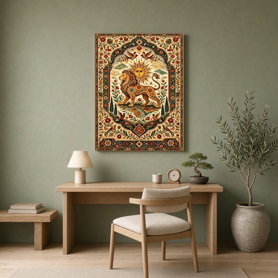 Discover majesty and vibrancy with this exquisite artwork depicting a regal lion under a radiant for Home Office