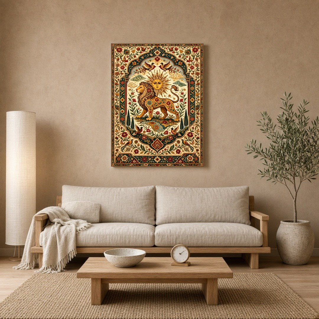 Discover majesty and vibrancy with this exquisite artwork depicting a regal lion under a radiant for Living Room
