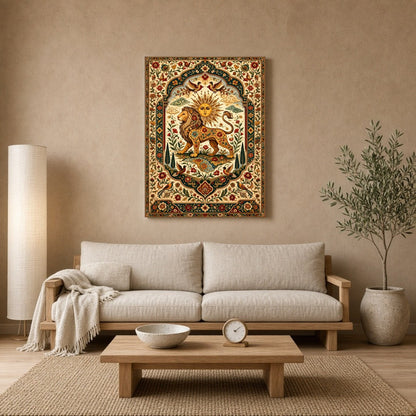Discover majesty and vibrancy with this exquisite artwork depicting a regal lion under a radiant for Living Room