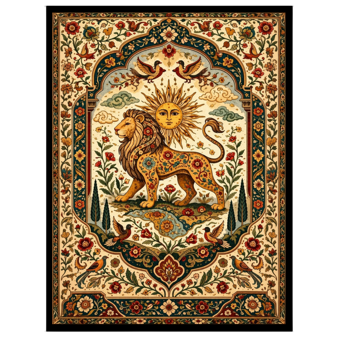 Discover majesty and vibrancy with this exquisite artwork depicting a regal lion under a radiant for nook
