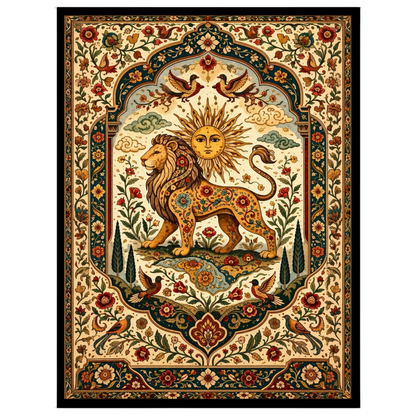 Discover majesty and vibrancy with this exquisite artwork depicting a regal lion under a radiant for nook