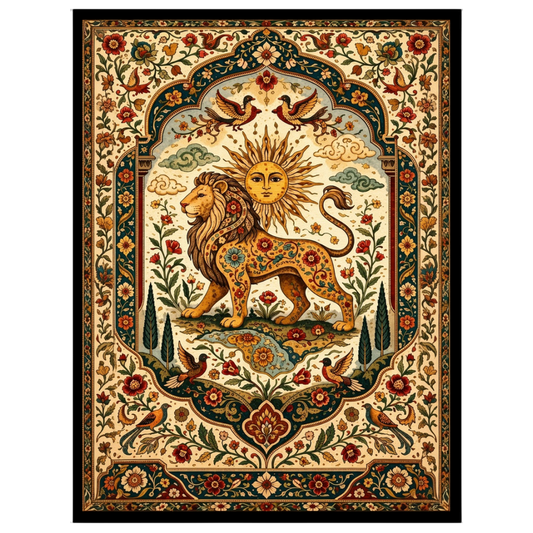 Discover majesty and vibrancy with this exquisite artwork depicting a regal lion under a radiant for nook