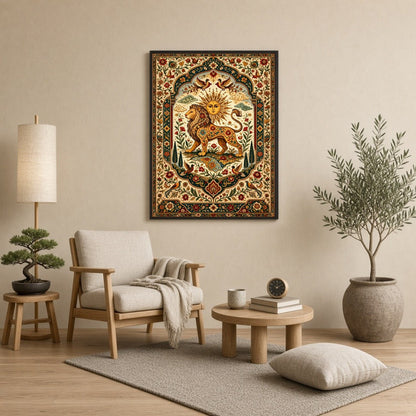 Discover majesty and vibrancy with this exquisite artwork depicting a regal lion under a radiant for Reading Nook