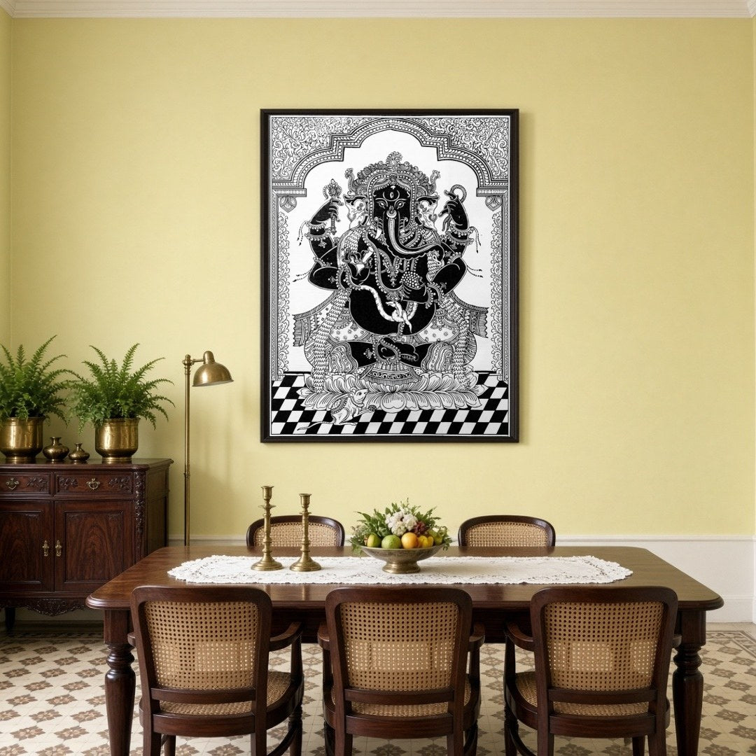 This exquisite Pattachitra artwork captures the revered Lord Ganesha in a striking black and white for Dining