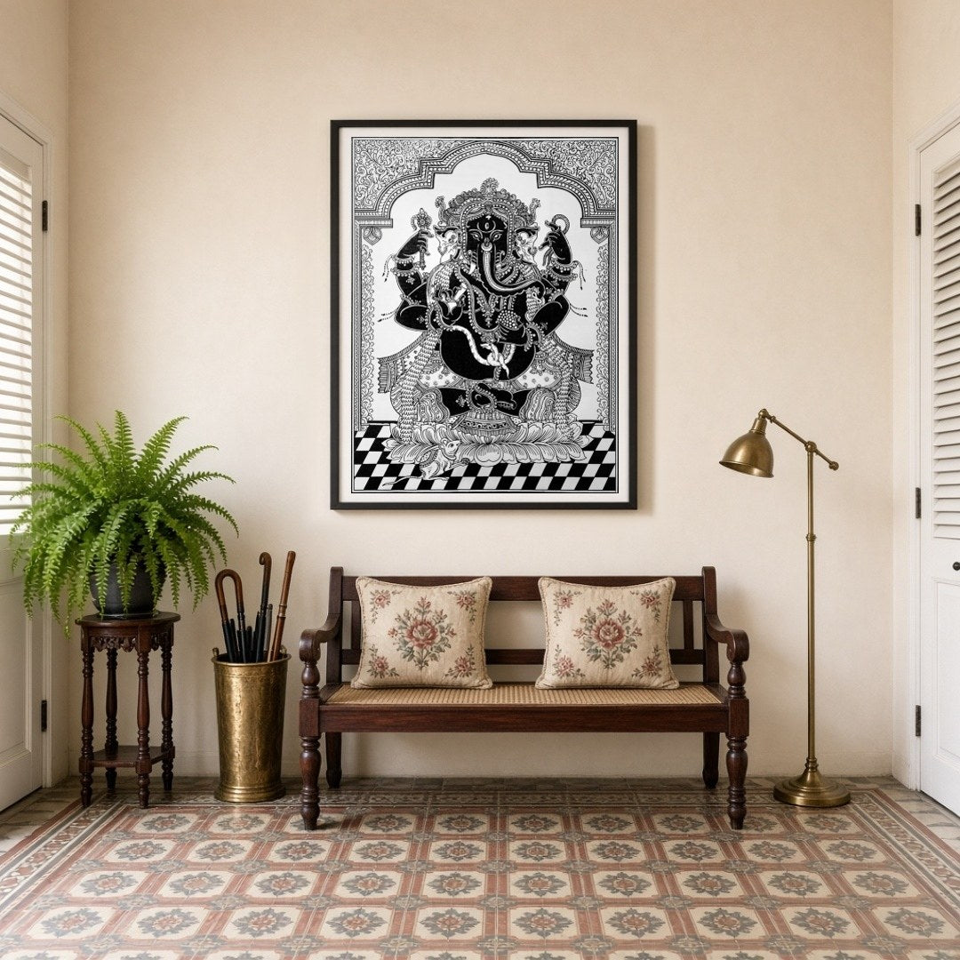 This exquisite Pattachitra artwork captures the revered Lord Ganesha in a striking black and white for Entrance