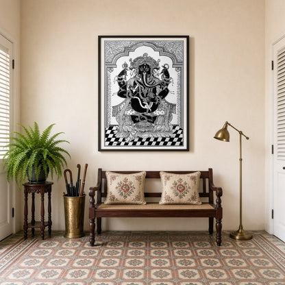 This exquisite Pattachitra artwork captures the revered Lord Ganesha in a striking black and white for Entrance